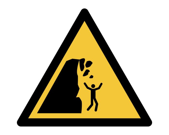 Piktogramm-Zeichen Warnung vor Steinschlag und instabiler Klippe